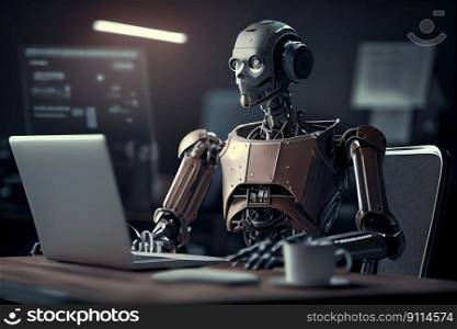 Chat bot assistant, Robot online assistance and machine customers support on desk with computer, robot working chatbot texting, coding or developing project, Generative AI