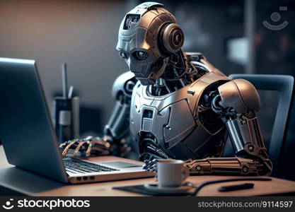 Chat bot assistant, Robot online assistance and machine customers support on desk with computer, robot working chatbot texting, coding or developing project, Generative AI