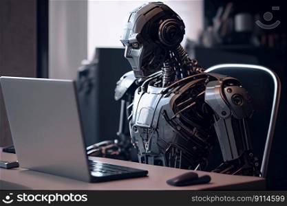 Chat bot assistant, Robot online assistance and machine customers support on desk with computer, robot working chatbot texting, coding or developing project, Generative AI