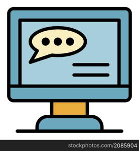 Chat bubble on the monitor icon. Outline chat bubble on the monitor vector icon color flat isolated. Chat bubble on the monitor icon color outline vector