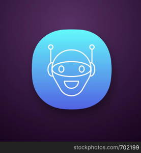 Chatbot app icon. UI/UX user interface. Talkbot. Modern robot. Android laughing chat bot. Virtual assistant. Conversational agent. Web or mobile application. Vector isolated illustration. Chatbot app icon