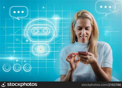Chatbot business support software - customer receiving support from automated AI chatbot. Image enhanced with futuristic graphics.. Chatbot business support software - customer receiving support from automated AI chatbot
