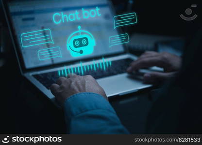 Chatbot conversation Ai Artificial Intelligence technology online customer service.Digital chatbot, robot application, OpenAI generate. Futuristic technology.Virtual assistant on internet.