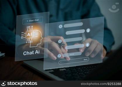 Chatbot conversation Ai Artificial Intelligence technology online customer service.Digital chatbot, robot application, OpenAI generate. Futuristic technology.Virtual assistant on internet.