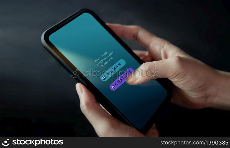 Chatbot, LiveChat Technology Concept. Customer Using Mobile Phone To Make Conversation with an Artificial Intelligence Service. Virtual Assistant for Customer Support Information