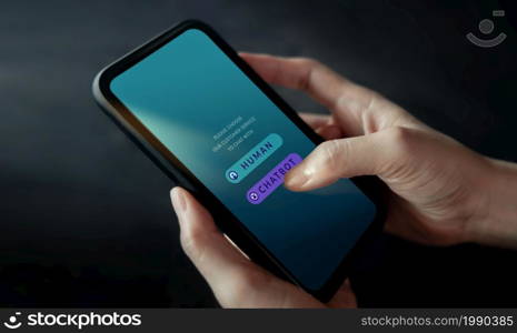 Chatbot, LiveChat Technology Concept. Customer Using Mobile Phone To Make Conversation with an Artificial Intelligence Service. Virtual Assistant for Customer Support Information