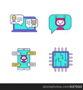 Chatbots color icons set. Virtual assistants. Messenger and chat bots. Processor. Modern robots. Smartphone chatterbots. Isolated vector illustrations. Chatbots color icons set