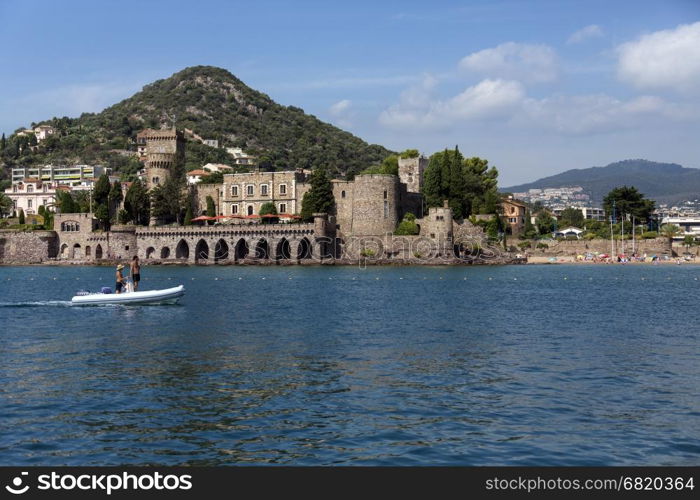 Chateau de la Napoule, a fortified castle which dates from the 14th centuryin the resort of Mandelieu-la-Napoule, a commune in the Alpes-Maritimes department in southeastern France, located on the French Riviera, southwest of Cannes.