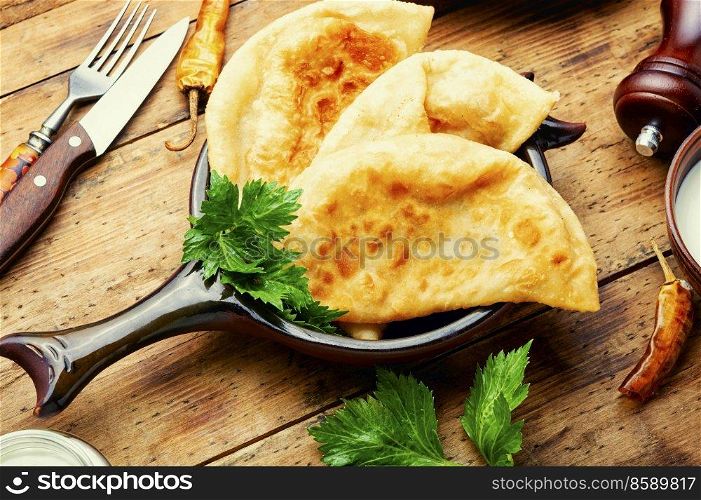 Chebureks, fried crescent-shaped cakes with meat filling. Appetizing meat pie or chebureks