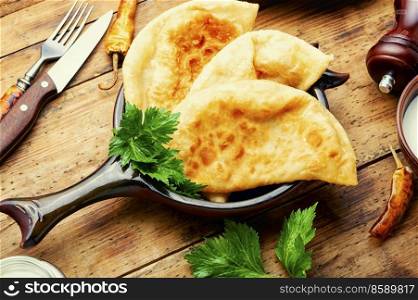 Chebureks, fried crescent-shaped cakes with meat filling. Appetizing meat pie or chebureks