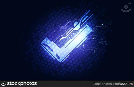 Check box icon. Glowing blue tick icon on digital dark background