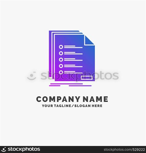Check, filing, list, listing, registration Purple Business Logo Template. Place for Tagline.. Vector EPS10 Abstract Template background