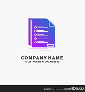 Check, filing, list, listing, registration Purple Business Logo Template. Place for Tagline.. Vector EPS10 Abstract Template background