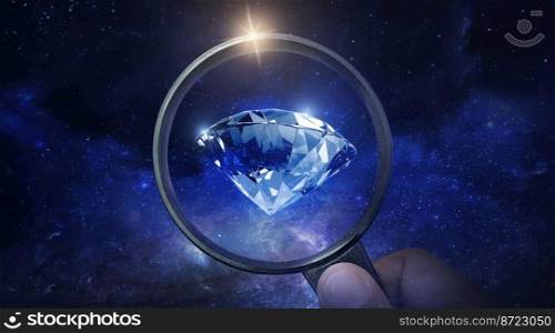 Check sparkling diamonds floating in the Planet view from space. diamond trading business concept. 3d render