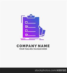 checklist, check, expertise, list, clipboard Purple Business Logo Template. Place for Tagline.. Vector EPS10 Abstract Template background