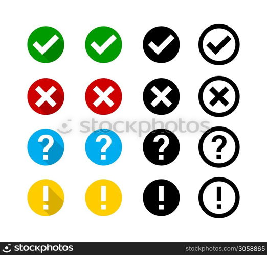 Checkmark cross question exclamation sign or mark. Isolated vector signs symbols. Checkmark icon set. Flat vector collection of icons. EPS 10