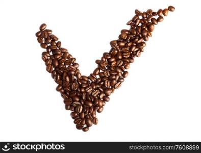 Checkmark from coffee beans on white background