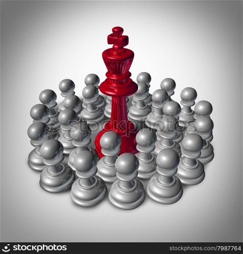 Checkmate business concept and team strategy symbol as an organized group of small chess pawns coming together to overpower and dominate the big leader king.