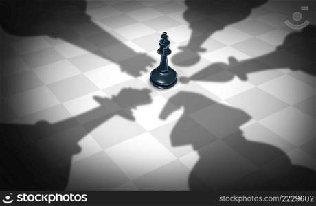 Checkmate business strategy concept as chess pieces as the king being surrounded by the queen knight rook and bishop piece on a chessboard game as a planning and leadership symbol as a 3D illustration.