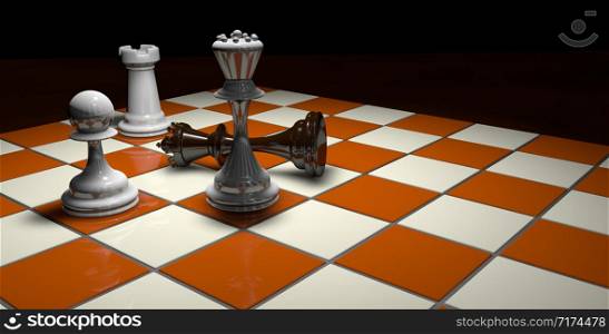 Checkmate the fallen black king with the queen, a pawn and a white tower on a bright brown and white chess board on a dark brown surface on a black background. 3D Illustration. Checkmate the fallen black king with the queen, a pawn and a white tower on a brown and white chess board on a dark brown surface on a black background. 3D Illustration