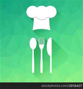 Cheef Hat Icon and Fork Spoon Khife on Green Polygonal Background. Cheef Hat Icon