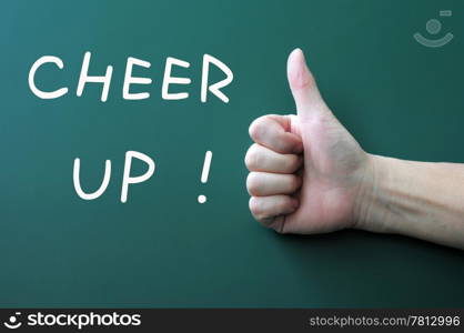 Cheer up written on a blackboard background with a thumb up