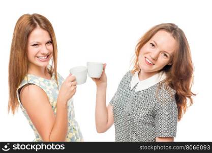 cheerful active girl with coffee smiling on a white background