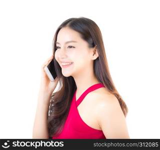 Cheerful Asian woman teenage girl laughing talking phone isolated on white background.