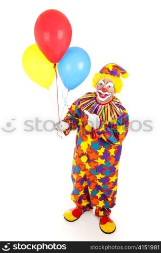 Cheerful birthday clown holding balloons. Full body isolated on white.