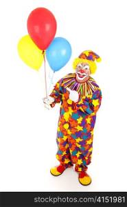 Cheerful birthday clown holding balloons. Full body isolated on white.