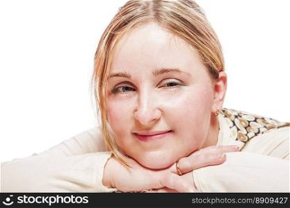 Cheerful blond Woman smiling portrait isolated on white. Cheerful blond Woman
