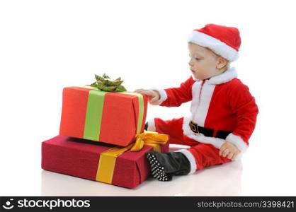 Cheerful boy in christmas hat. Isolated on white background