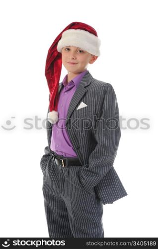 Cheerful boy in Santa Claus hat. Isolated on white background