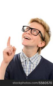 Cheerful boy wearing geek glasses having idea against white background