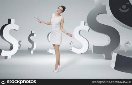 Cheerful businesswoman among dollar signs