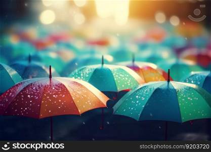 Cheerful colorful umbrellas. Open protection. Generate Ai. Cheerful colorful umbrellas. Generate Ai