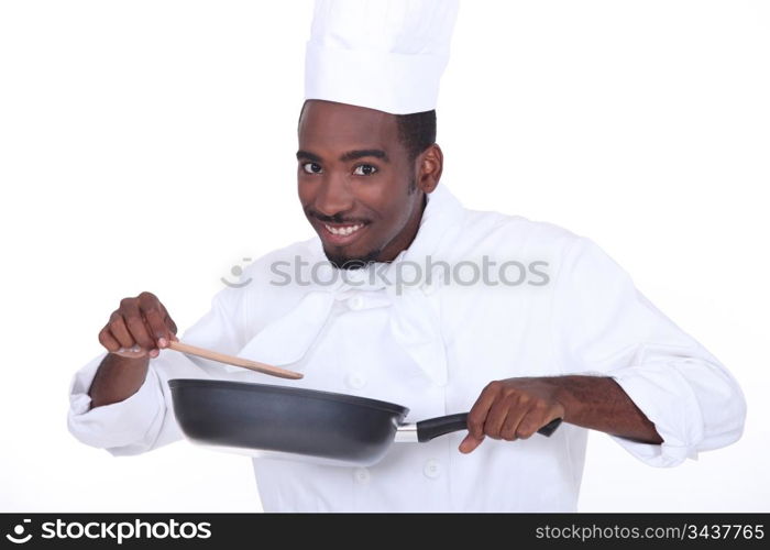 Cheerful cook on white background