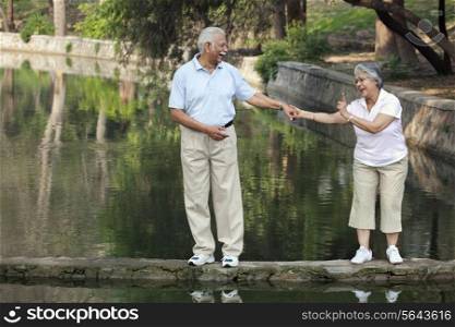 Cheerful couple walking on narrow bridge at park