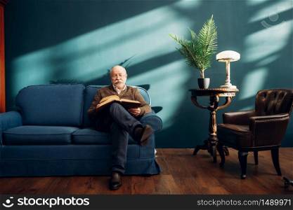 Cheerful elderly man in glasses reading a book on couch in home office. Bearded mature senior poses in living room, old age businessman. Cheerful elderly man in glasses reading a book