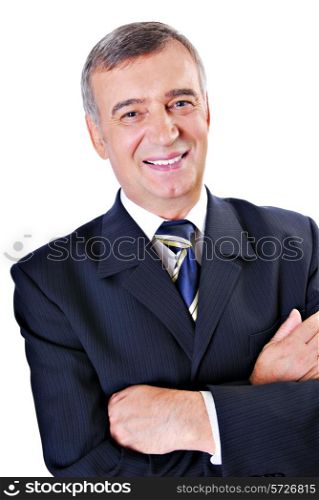 Cheerful face of successful senior adult businessman isolated on white.