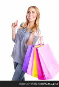 Cheerful female with paper bags isolated on white background, happy shopaholic, buying presents, making purchase, season sales concept