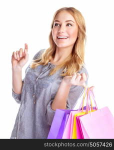 Cheerful female with paper bags isolated on white background, happy shopaholic, buying presents, making purchase, season sales concept