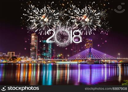 Cheerful fireworks display in city night and bridge