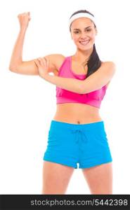 Cheerful fitness young girl in sportswear showing her muscles isolated on white&#xA;