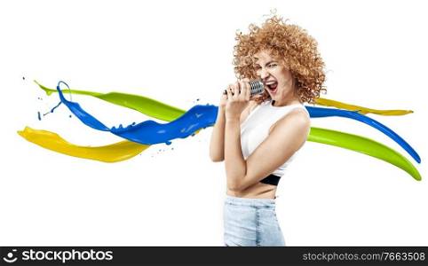 Cheerful frizzy-haired woman singing a rock song