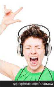 cheerful girl enjoying a white background music on headphones isolated