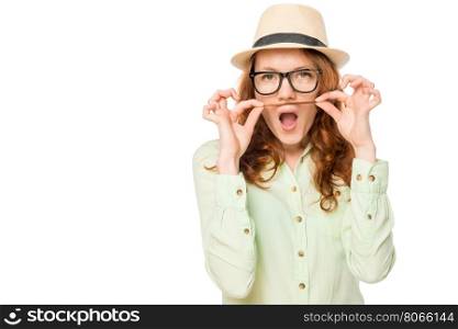 cheerful girl showing a mustache on a white background