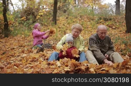 Cheerful grandparents and cute toddler grandson enjoying autumnal nature in park. Happy teenage girl in warm clothes collecting yellow maple leaves on background. Portrait of happy multi generation family relaxing in autumn park.