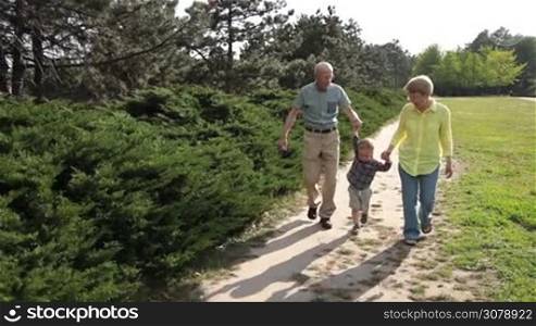Cheerful grandparents playing with their adorable grandson while walking on fresh air in park. Caring grandfather and grandmother holding toddler boy by hands and lifting him up while enjoying time together outdoors. Slow motion. Stabilized shot.
