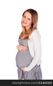 Cheerful happy nine month pregnant woman holding belly on white isolated background